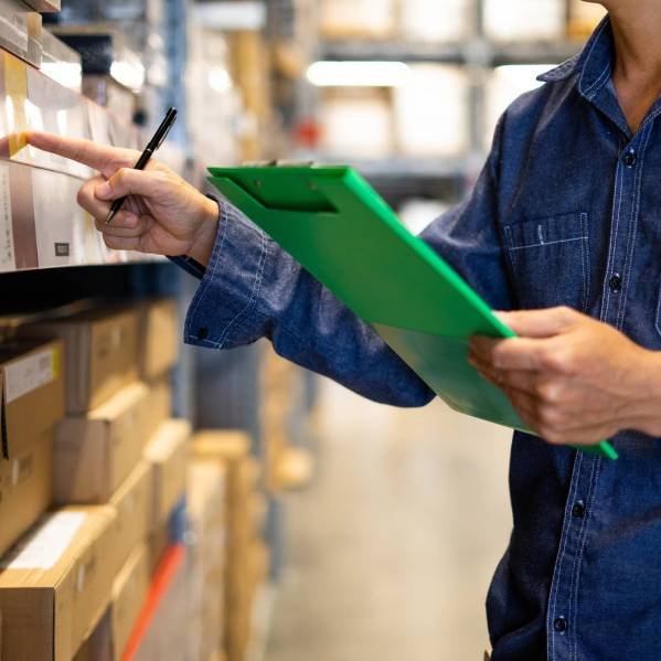 Manager man worker doing stocktaking of product management in cardboard box on shelves in warehouse. Physical inventory count.
 Male professional assistant checking stock in factory.
